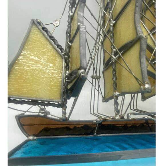 Stained Glass Staysail Sailing Ship The base has the ship sailing blue ocean - Picture 4 of 13